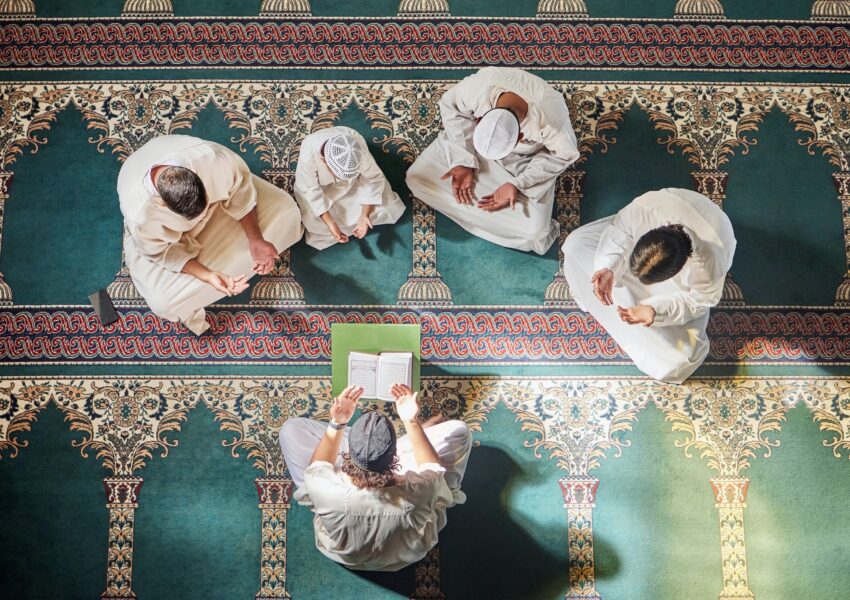 Above mosque carpet, group and quran for faith, religion and prayer for gratitude, peace or mindful