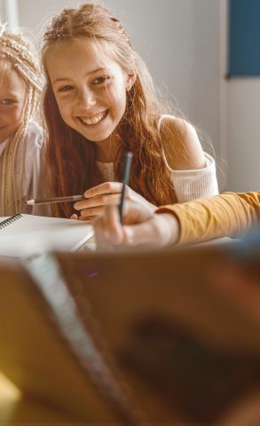 Smiling children studying at school and sitting at the table